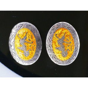 Rare Vintage Yellow Enamel Siam Sterling Silver Goddess Thai Dancer Earrings